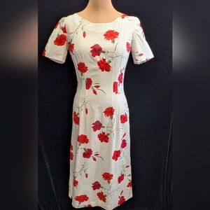 Vintage 1950s Red Rose Print Cotton Wiggle/ Sheath Dress Bust: 38"